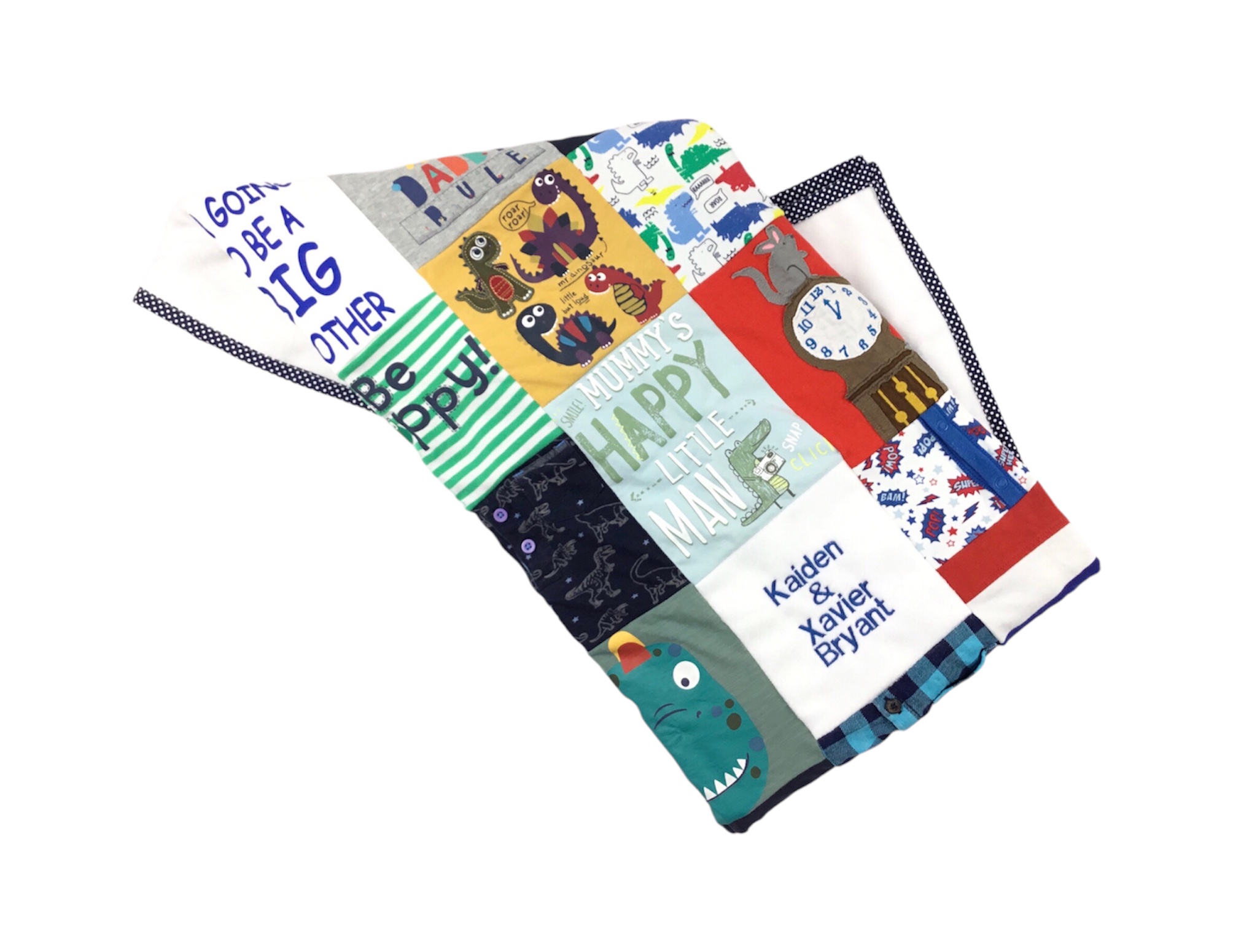 Baby clothes in blues handmade and personalized into a memory blanket keepsake backed with soft white fleece and bordered with navy spotty ribbon.