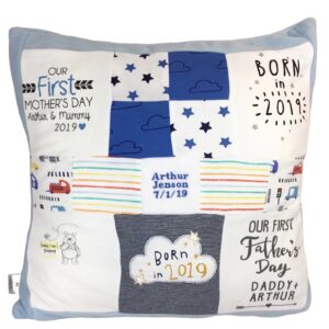 Memory cushion keepsake created from sentimental baby clothes bordered and backed with baby blue fleece