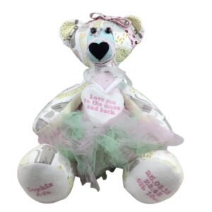 Memory bear keepsake made from baby clothes, personalised with baby’s name, date of birth, time and weight