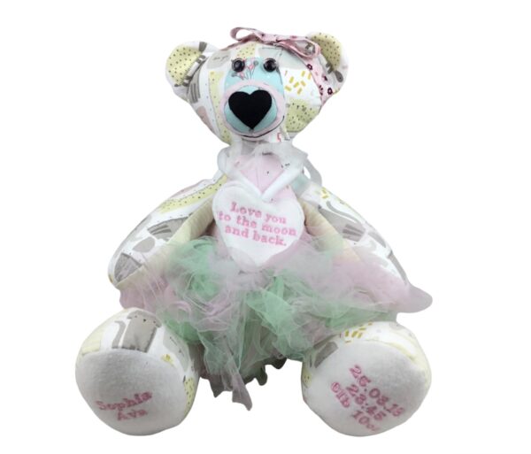 Memory bear keepsake made from baby clothes, personalised with baby’s name, date of birth, time and weight