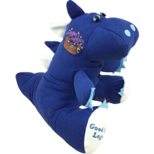 Blue T-Rex dinosaur created from a nursery sweatshirt with Giggles Wiggles nursery logo.