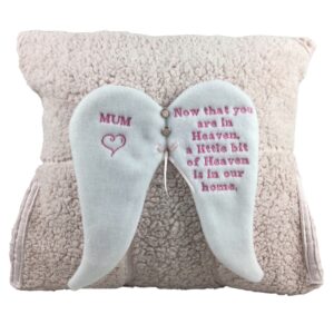 Memory Cushion Keepsake with Angel wings created from adult clothing. Angel wings is personalised with message.