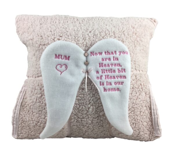 Memory Cushion Keepsake with Angel wings created from adult clothing. Angel wings is personalised with message.