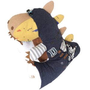 Keepsake Dinosaur created from baby clothes. This T-Rex Dinosaur has been made from brown, ochre, grey and navy colored baby grows.