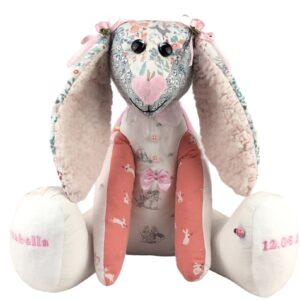 Keepsake Rabbit created from baby girl pink baby grows, Personalised with name and date of birth on paw pads
