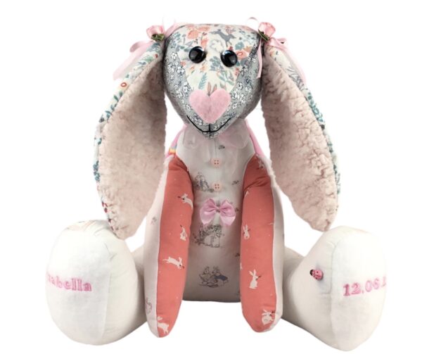 Keepsake Rabbit created from baby girl pink baby grows, Personalised with name and date of birth on paw pads