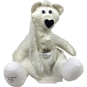 Keepsake Bear created from a vintage silk wedding dress with sequins bodice. Personalised embroidery on foot paw