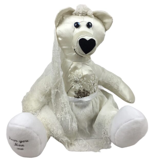 Keepsake Bear created from a vintage silk wedding dress with sequins bodice. Personalised embroidery on foot paw