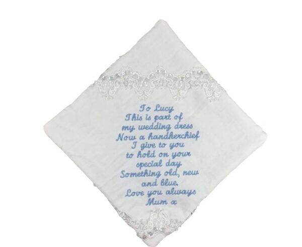 Bridal handkerchief created from mum’s wedding dress