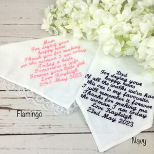 Bridal wedding day handkerchief gifted to mum and dad