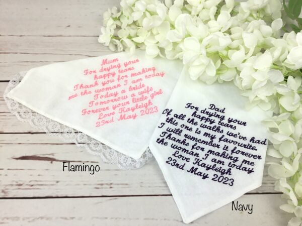 Bridal wedding day handkerchief gifted to mum and dad