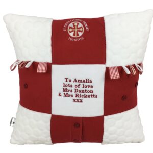 Sensory/Autism memory cushion keepsake Made from red sweatshirt school uniform. With different textured white fleeces, ribbon tags and buttons.