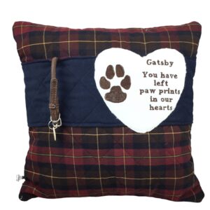 Pet memorial cushion keepsake created from pet’s blanket. Personalised with pet’s name and poem