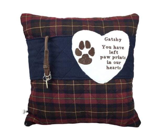 Pet memorial cushion keepsake created from pet’s blanket. Personalised with pet’s name and poem