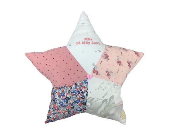 Star cushion keepsake handmade from pink and white baby grows.