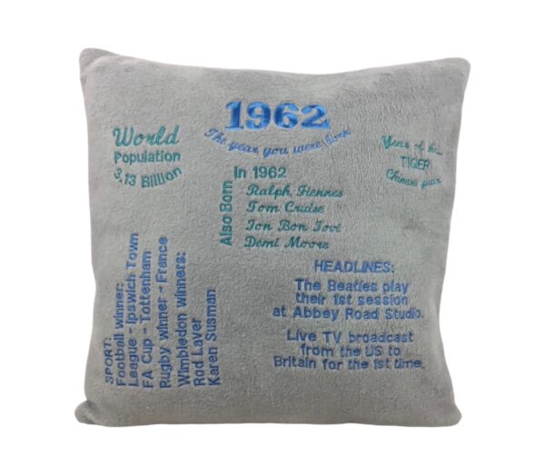 Year of birthday cushion created from soft silver grey fleece